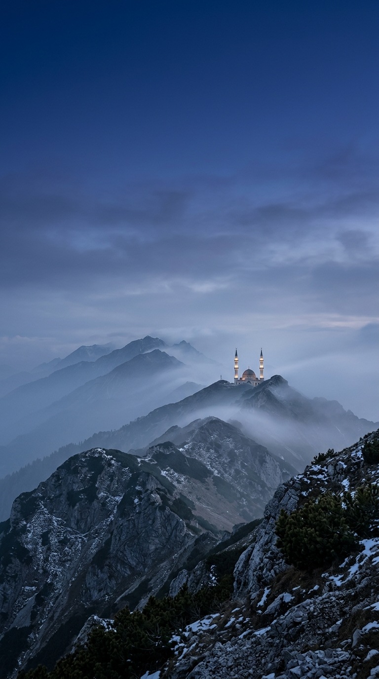 A distant mosque on a misty mountain ridge.