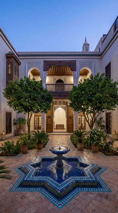 A courtyard with blue mosaic fountain and orange trees.