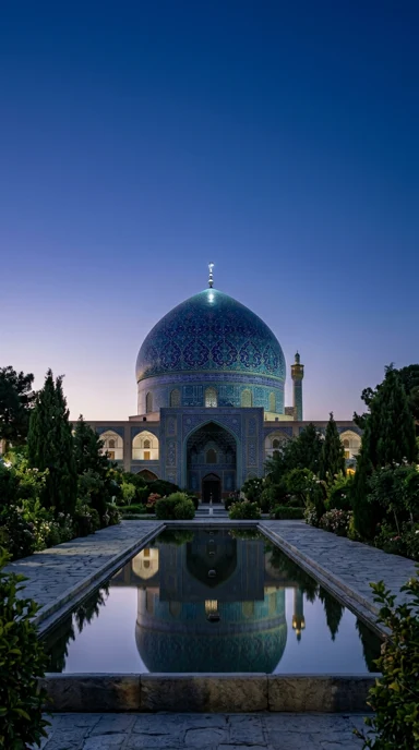 A persian-inspired blue tiled dome among gardens.