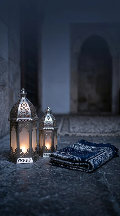 A pair of lanterns beside a folded prayer mat.