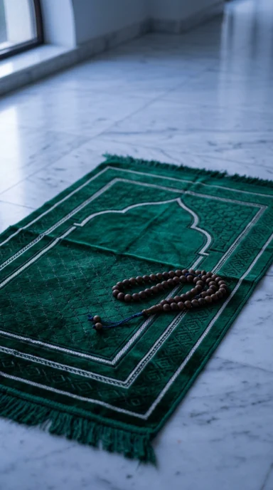 An emerald prayer rug and wooden prayer beads on marble.