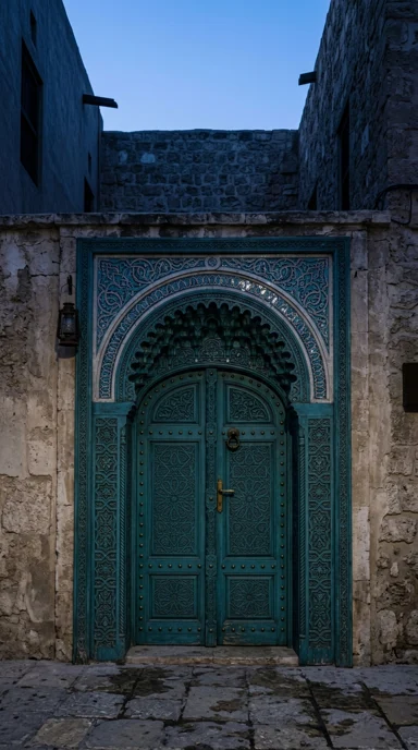 A turquoise ornamental doorway with carved geometric details.