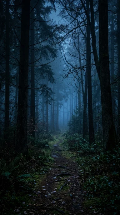A dark forest path with subtle blue fog.