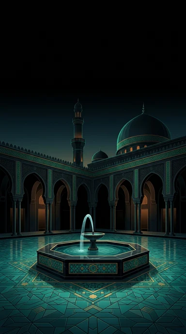 A turquoise tiled mosque courtyard with a single fountain.