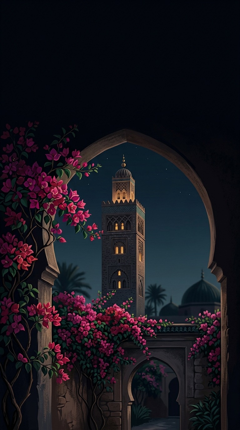 A minaret viewed through flowering bougainvillea.