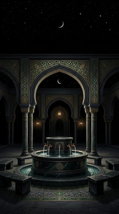 A peaceful ablution fountain surrounded by arches.