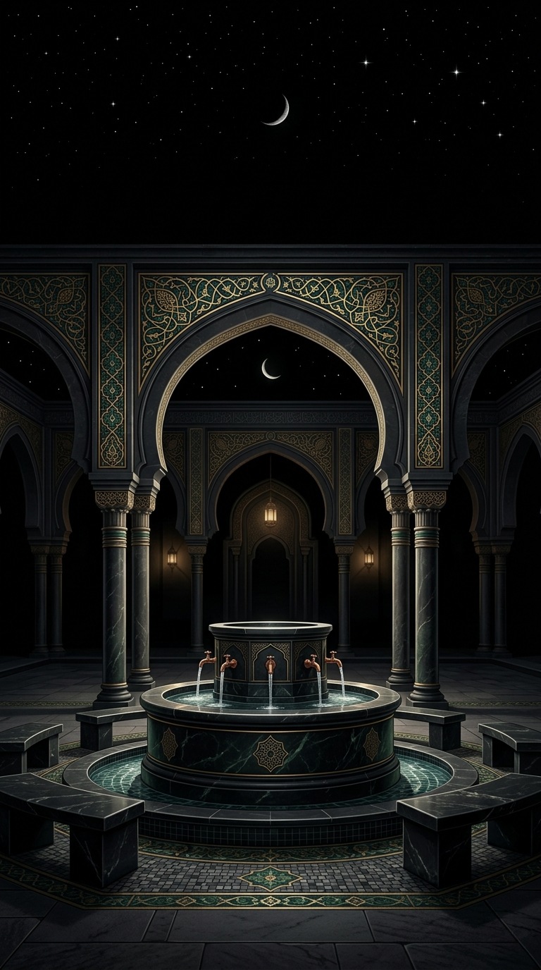 A peaceful ablution fountain surrounded by arches.