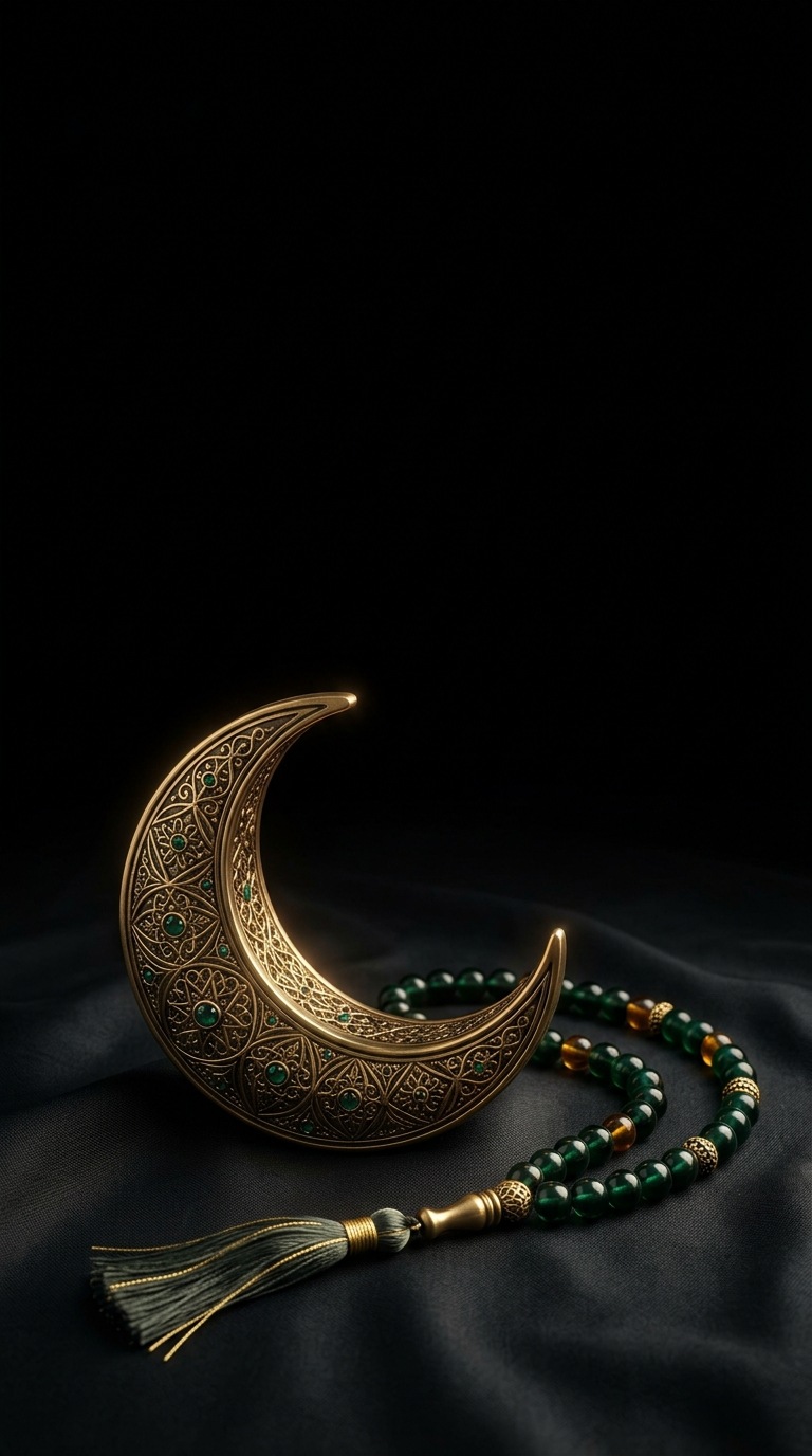 A crescent-shaped brass ornament beside prayer beads.