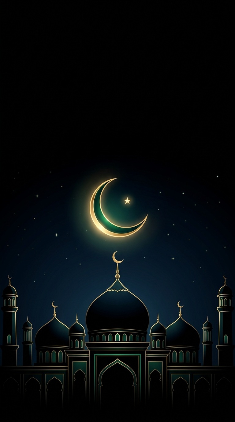 A luminous crescent above a silhouette of mosque domes.