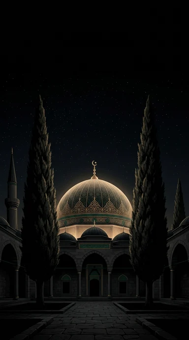 An ottoman-inspired dome framed by cypress trees.