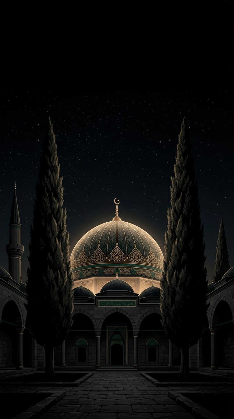 An ottoman-inspired dome framed by cypress trees.