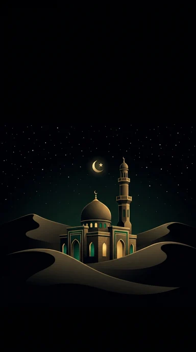 A sandstone mosque nestled among desert dunes.