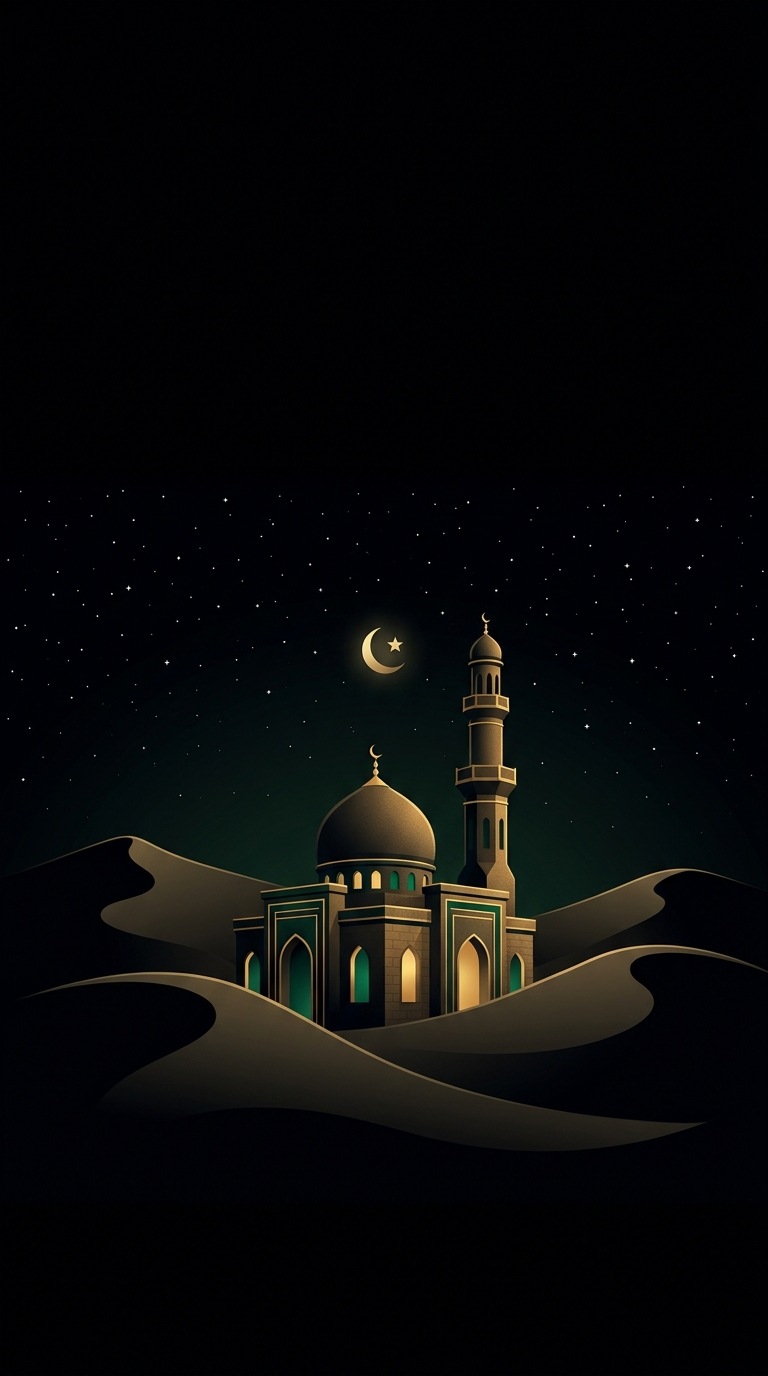 A sandstone mosque nestled among desert dunes.