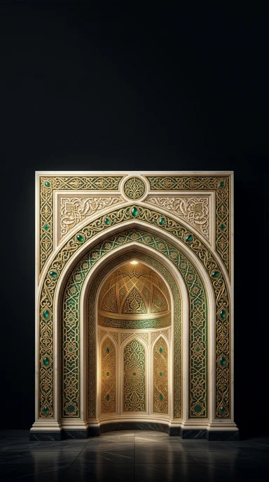 An ornamental mihrab niche in ivory and gold.