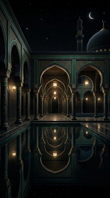 A marble arcade reflected in a shallow courtyard pool.