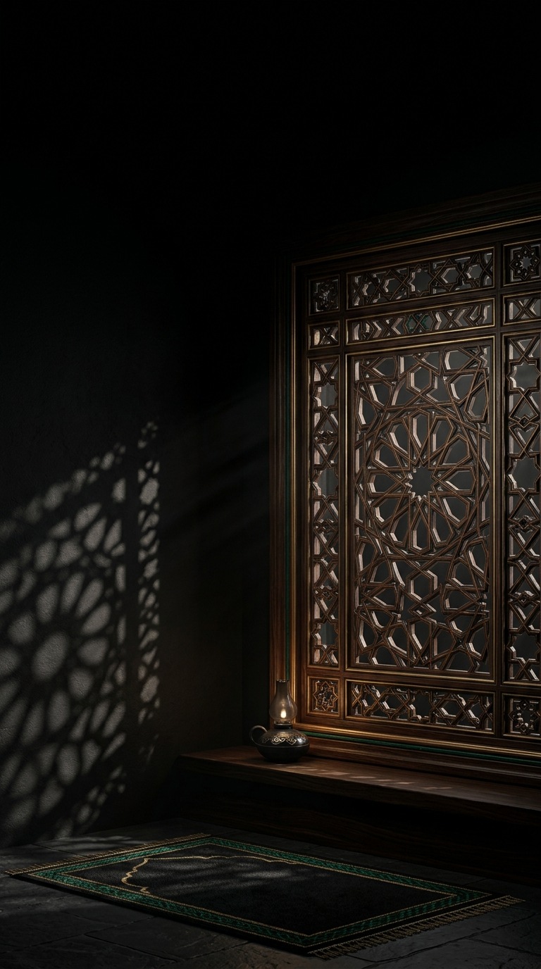 A carved wooden mashrabiya casting geometric shadows.