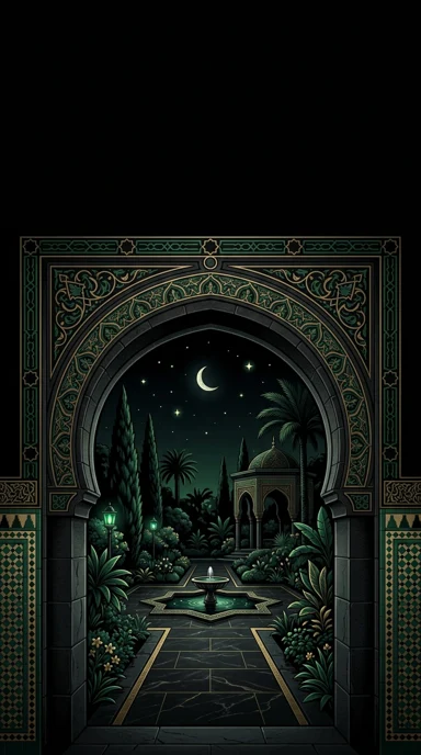 A moorish horseshoe arch opening onto a peaceful garden.