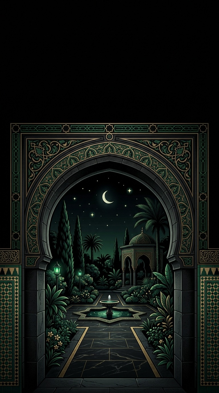 A moorish horseshoe arch opening onto a peaceful garden.