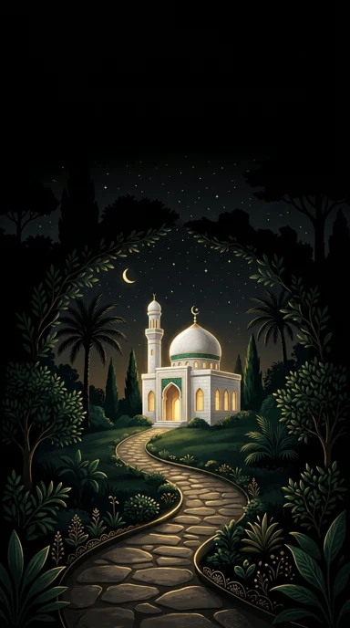 A garden path leading toward a small white mosque.
