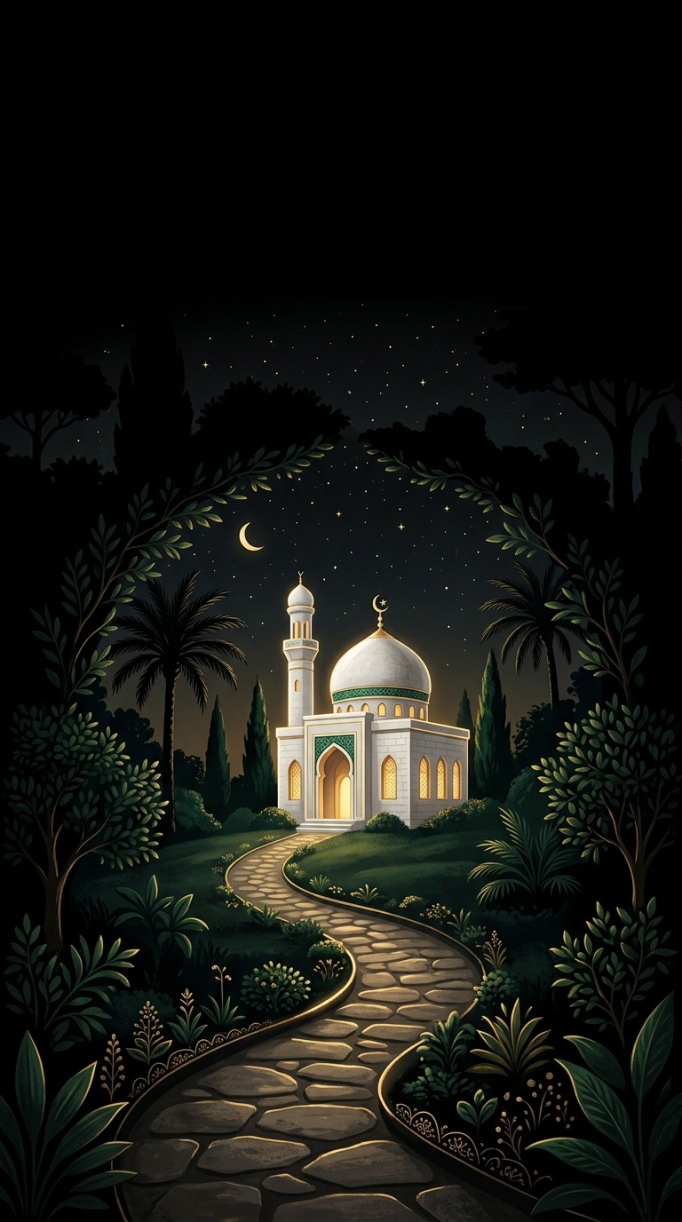 A garden path leading toward a small white mosque.
