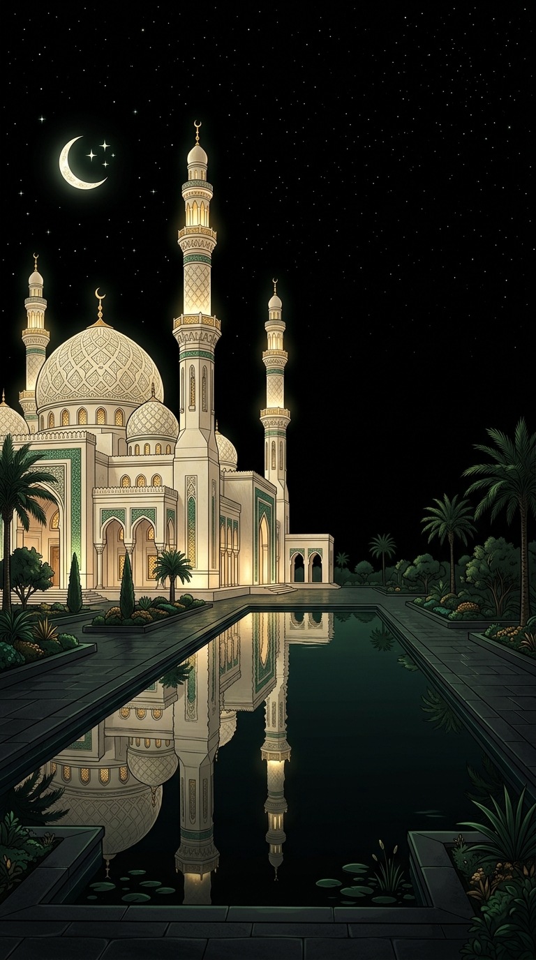 An ivory mosque beside a still reflecting pool.