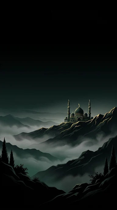 A distant mosque on a misty mountain ridge.