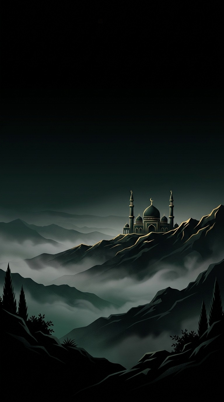 A distant mosque on a misty mountain ridge.
