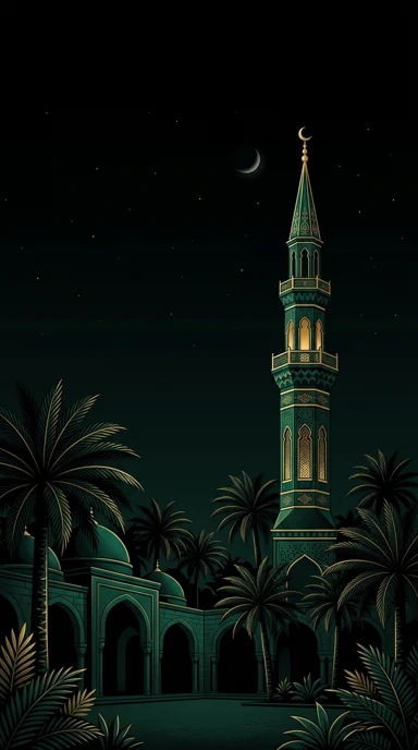 A slender minaret rising above palm trees.