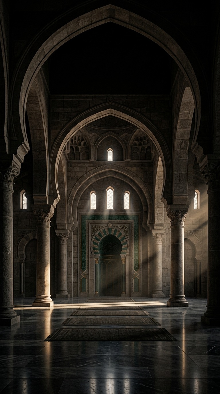 A stone prayer hall with shafts of light and no people.