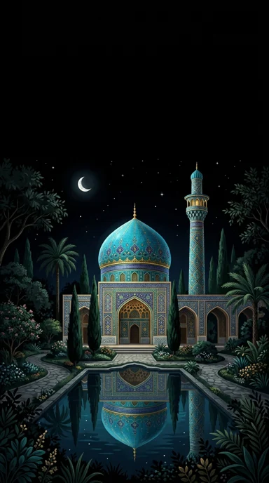 A persian-inspired blue tiled dome among gardens.