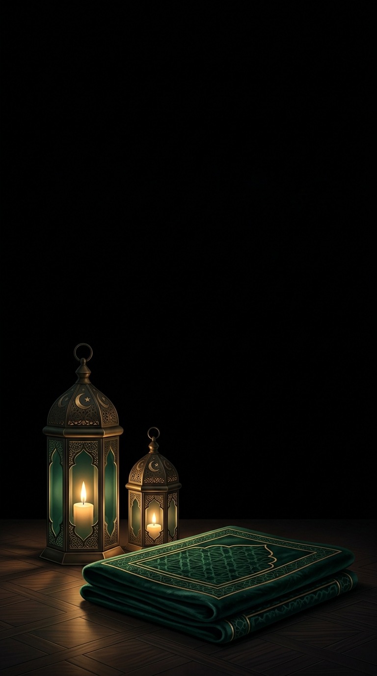 A pair of lanterns beside a folded prayer mat.