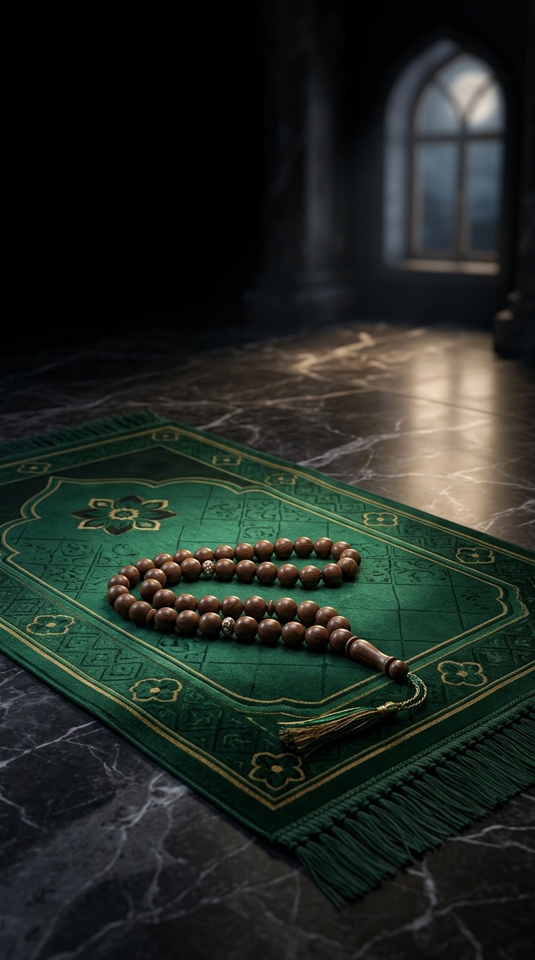 An emerald prayer rug and wooden prayer beads on marble.