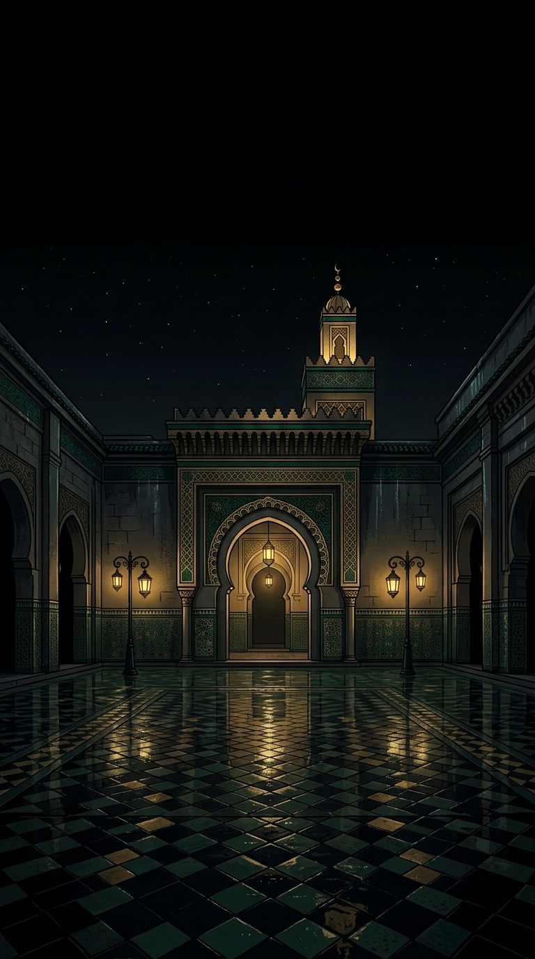 A serene mosque courtyard after gentle rain.