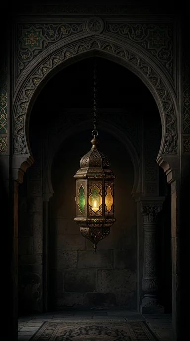 A brass ramadan lantern suspended beneath an ornate arch.