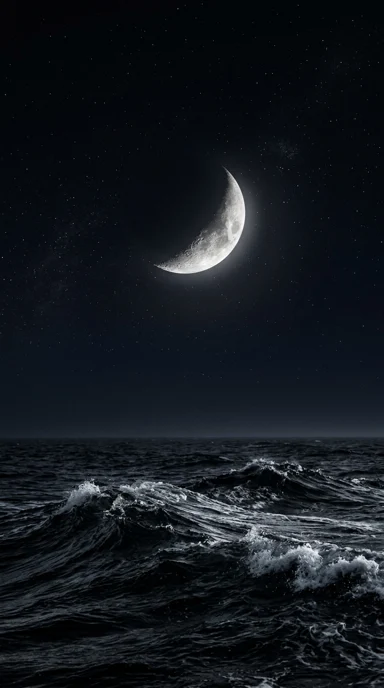 A silver crescent above black ocean waves.