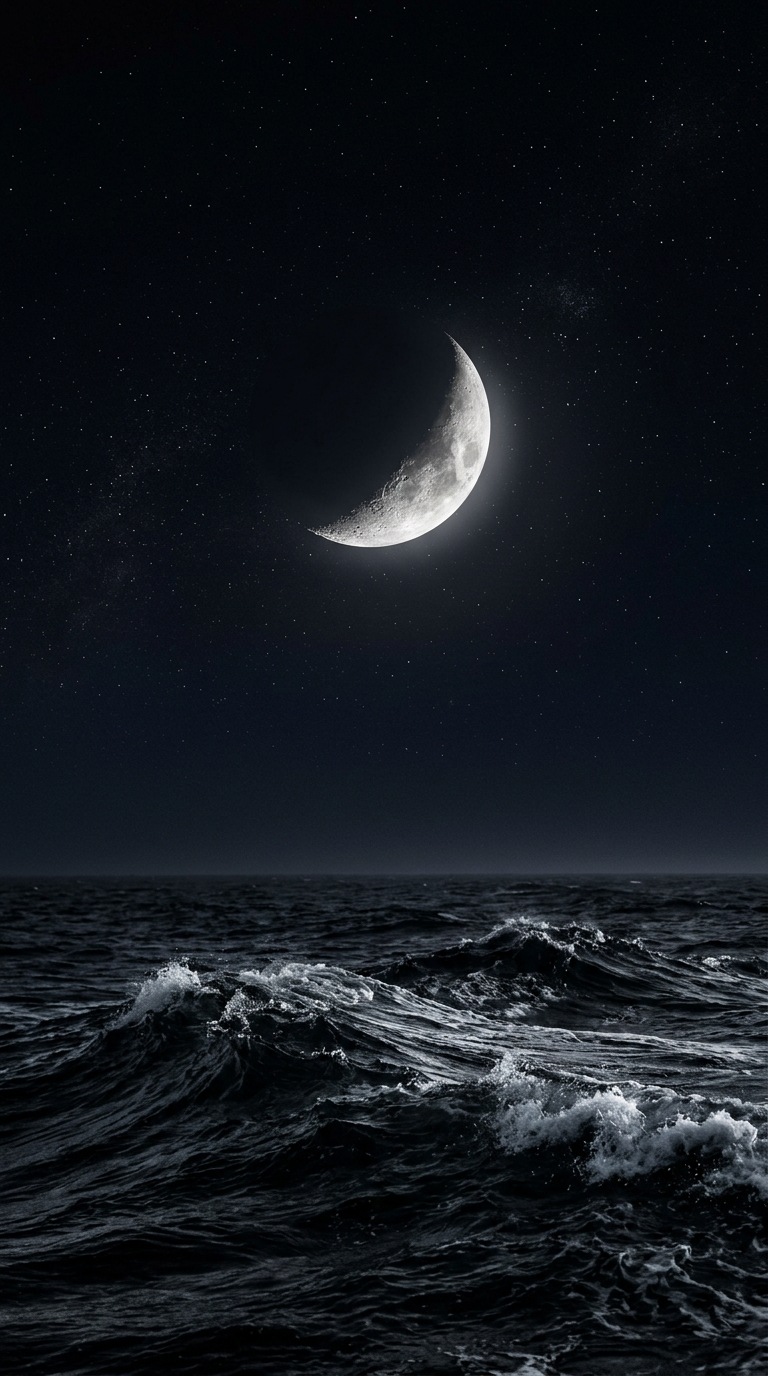A silver crescent above black ocean waves.