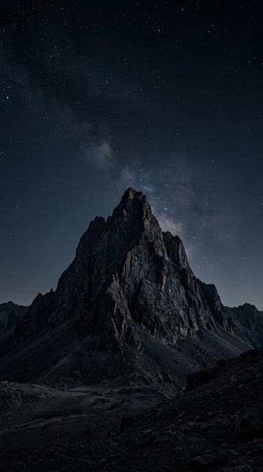 A solitary obsidian mountain under sparse stars.