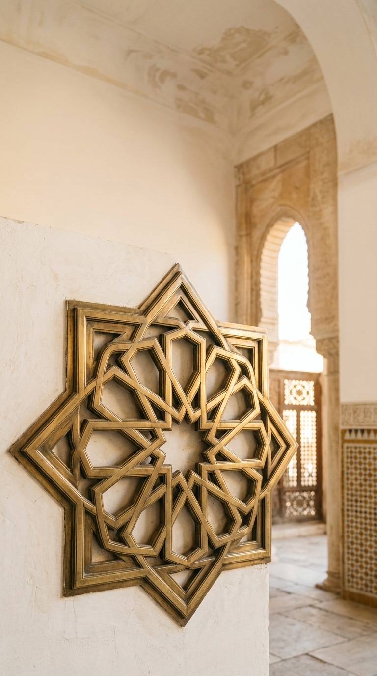 An islamic geometric star sculpted from polished brass.