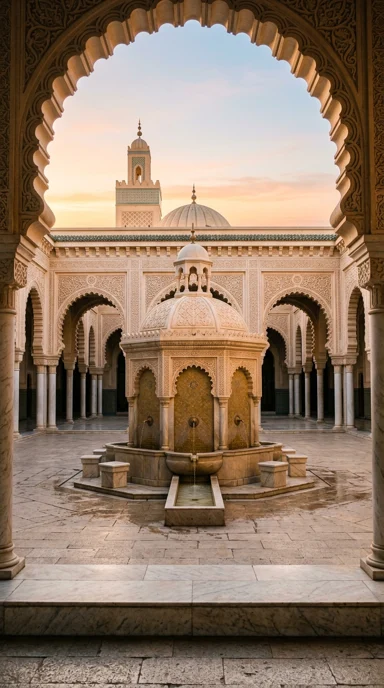 A peaceful ablution fountain surrounded by arches.