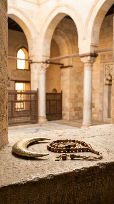 A crescent-shaped brass ornament beside prayer beads.