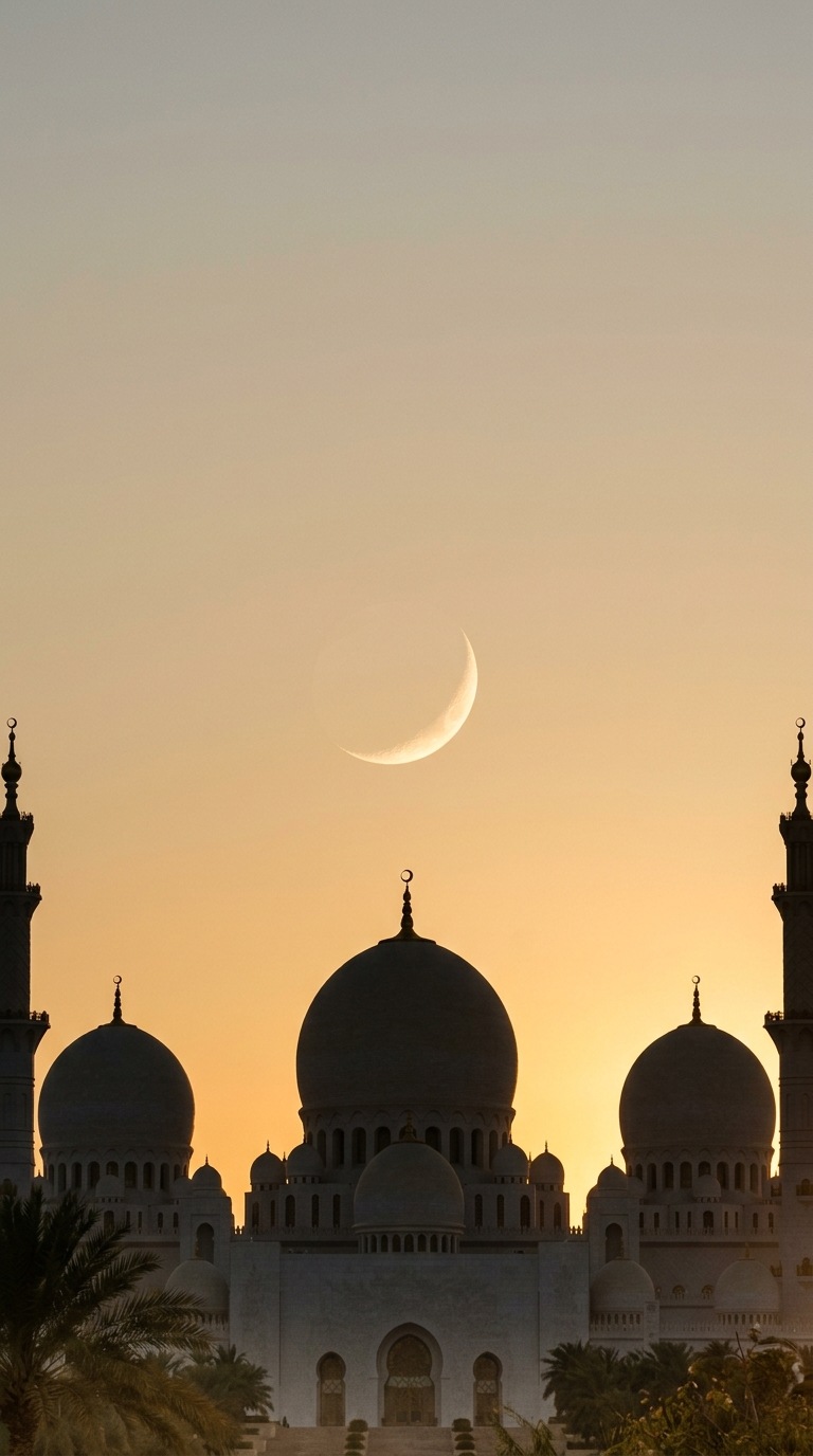 A luminous crescent above a silhouette of mosque domes.