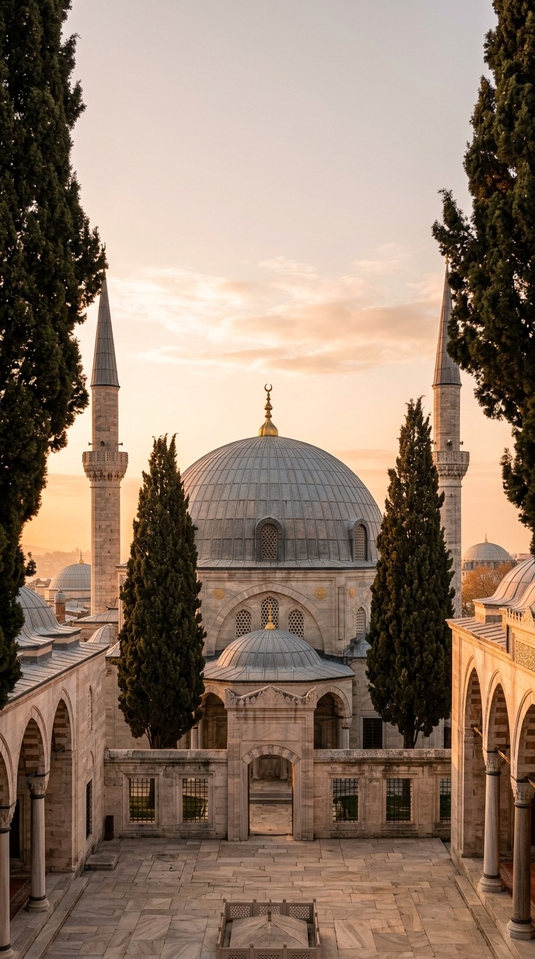 An ottoman-inspired dome framed by cypress trees.