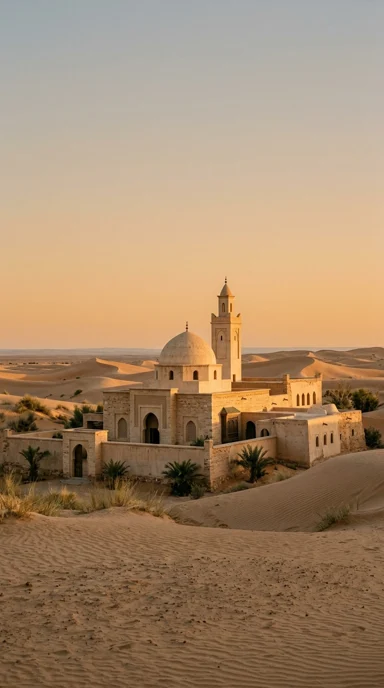 A sandstone mosque nestled among desert dunes.