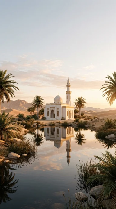 A small white mosque reflected beside a desert oasis.