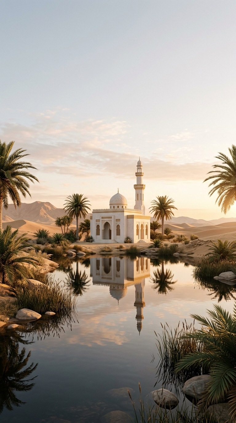 A small white mosque reflected beside a desert oasis.