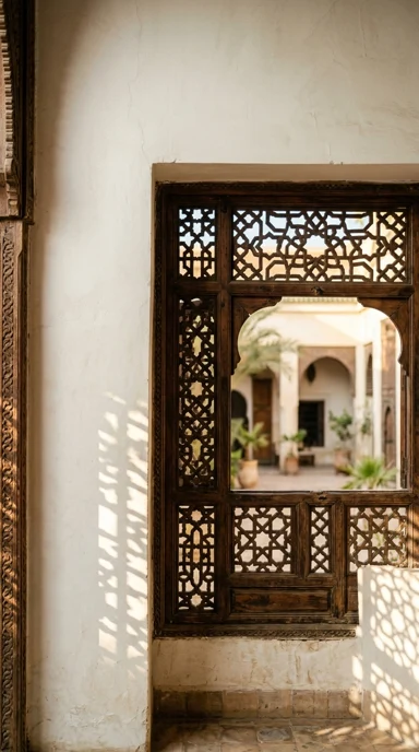 A carved wooden mashrabiya casting geometric shadows.