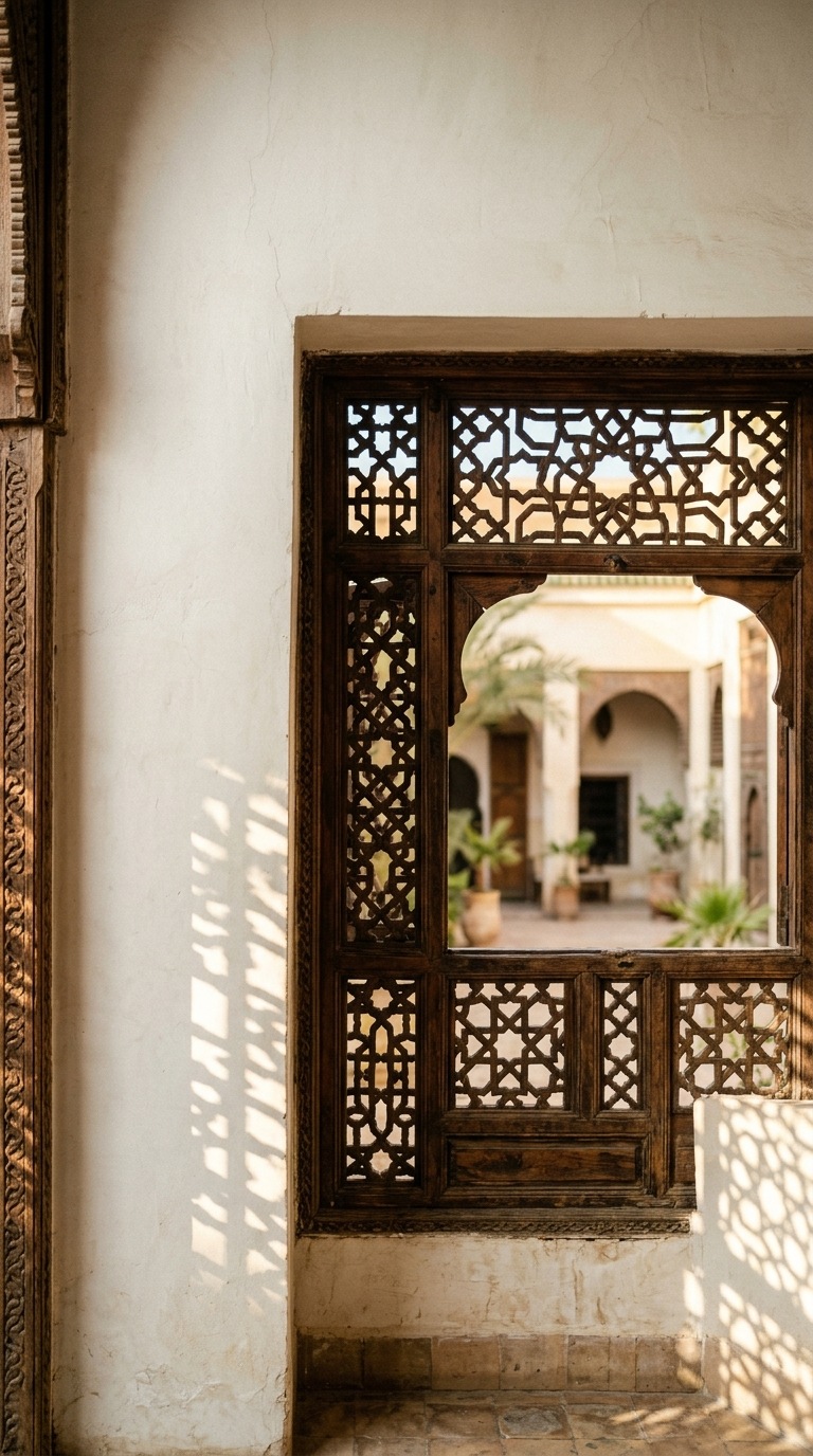 A carved wooden mashrabiya casting geometric shadows.