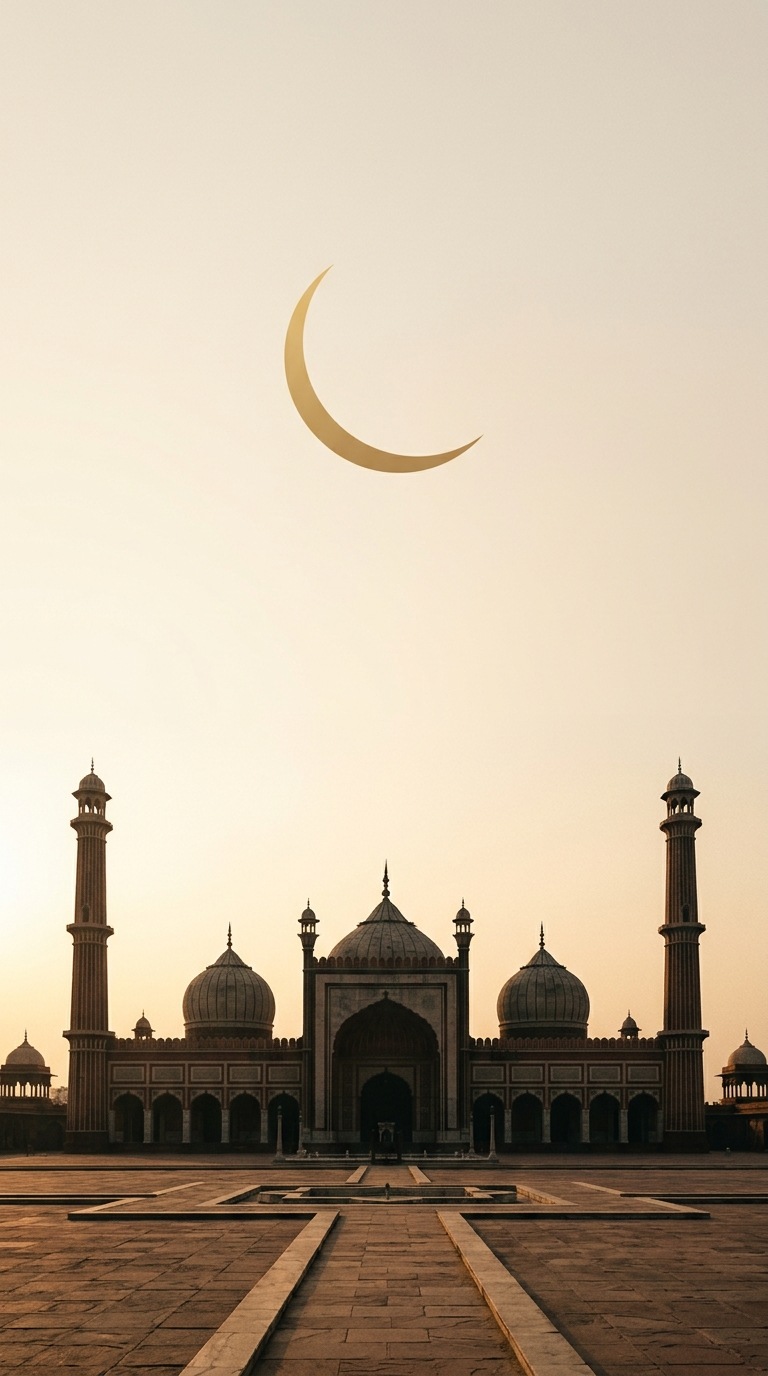 A minimal gold crescent and distant mosque silhouette.