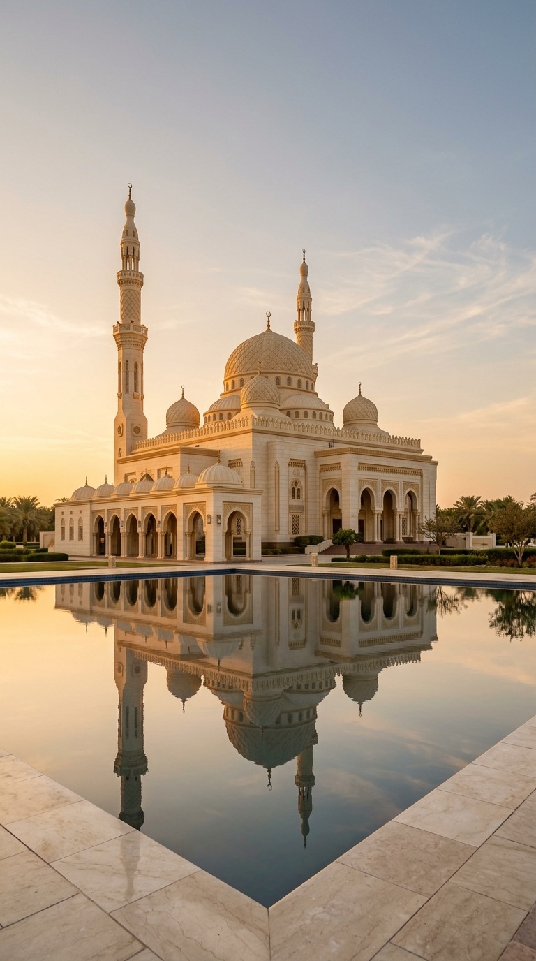 An ivory mosque beside a still reflecting pool.