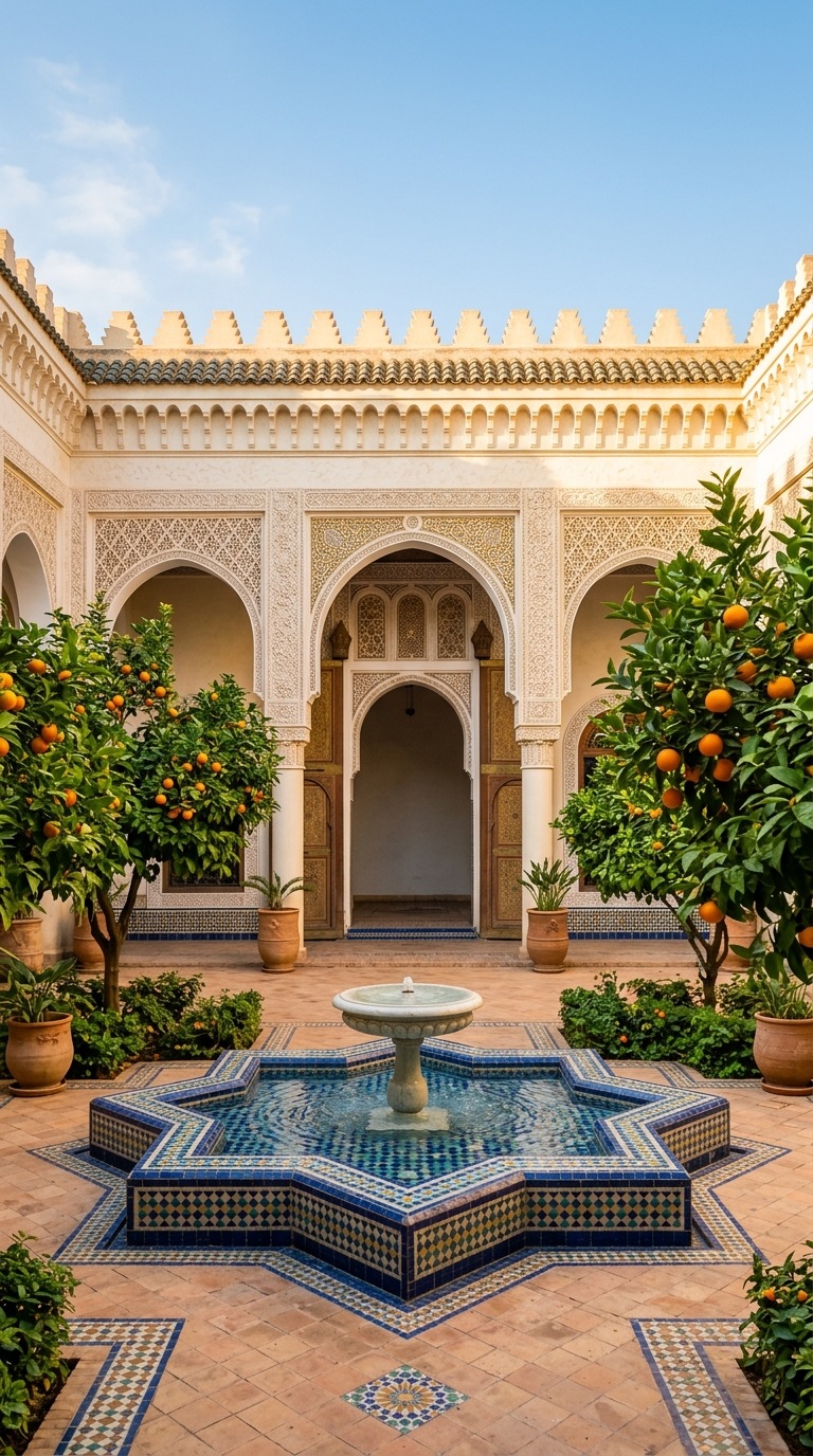 A courtyard with blue mosaic fountain and orange trees.